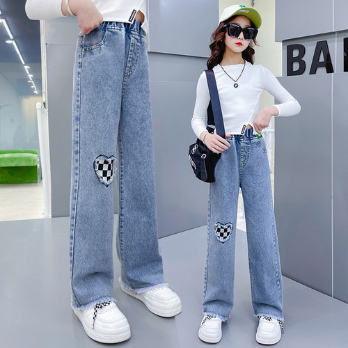 Girls' wide-leg jeans spring and autumn new children's clothing wholesale Internet celebrity trend medium and large children's pants straight pants