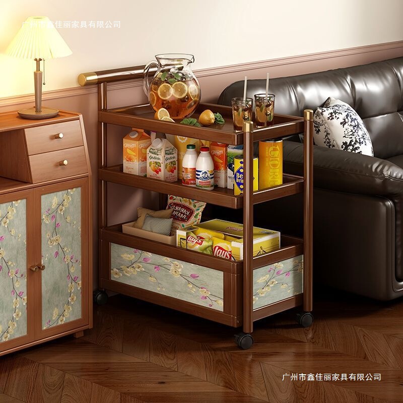Retro Trolley Coffee Table, Movable Storage Rack, Living Room Sofa Side Table, Side Cabinet, Multi-Layer Snack Storage Shelf