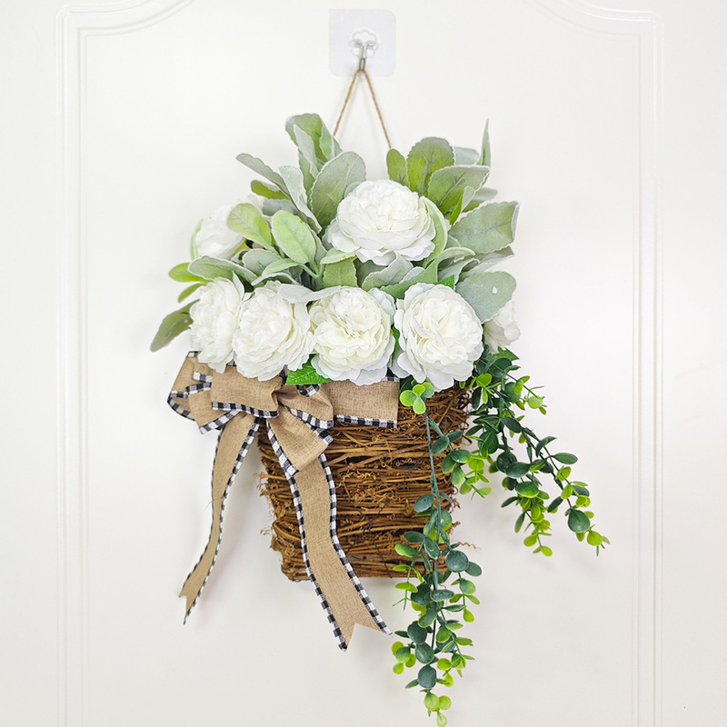 Zonghong 2024 Cross-Border White Peony Wreath Door Basket Hanging Decoration Sheep's Ear Front Door Hanging Basket Decoration Amazon Spring