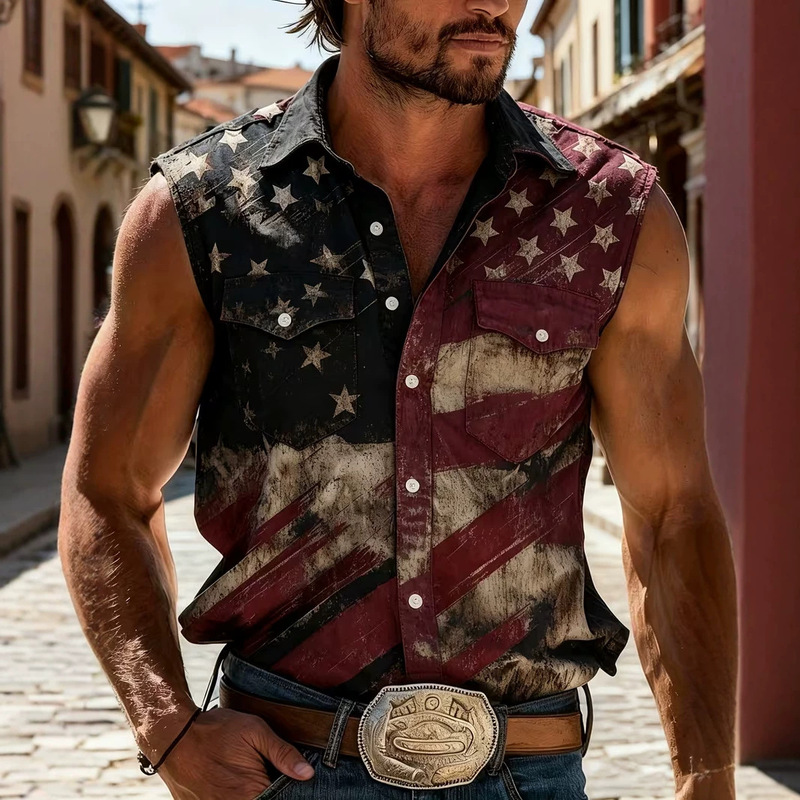 Men's Sleeveless Shirt, Vintage Distressed American Flag 3D Printed Top, Western Cowboy Style Breathable Casual Vest
