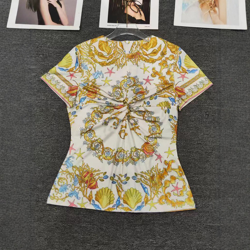 Cross-Border Export Baroque Starfish Shell Print Asymmetrical Pin Slim Short-Sleeved T-Shirt Pleated Women's Top Cross-Border Export Baroque Starfish Shell Print Asymmetrical Pin Slim Short-Sleeved T-Shirt Pleated Women's Top