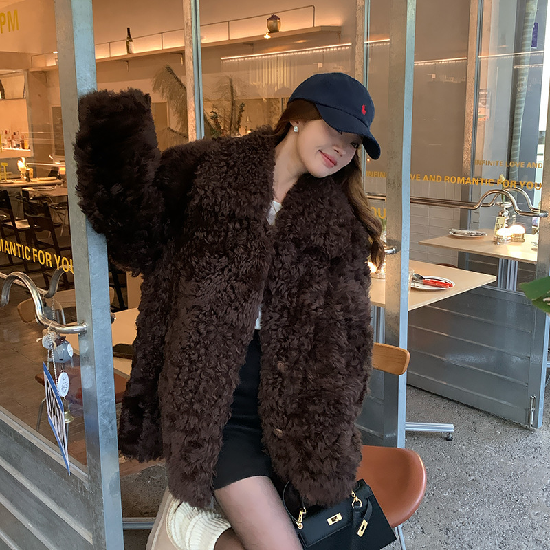 Haining Fur 2025 New Imported Tuscan Fur One-Piece Jacket Women's Winter Lapel Lamb Fur Coat