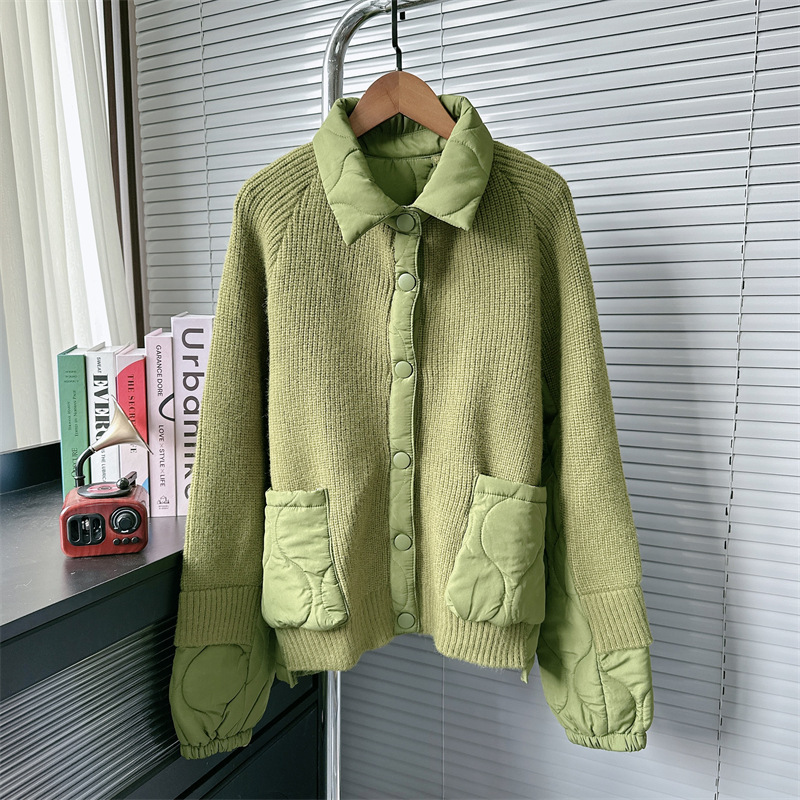 クロスボーダーヨーロッパ綿服スプライシングデザインセーターレディースコート秋冬新作レイジースタイルラペルニットカーディガン|undefined