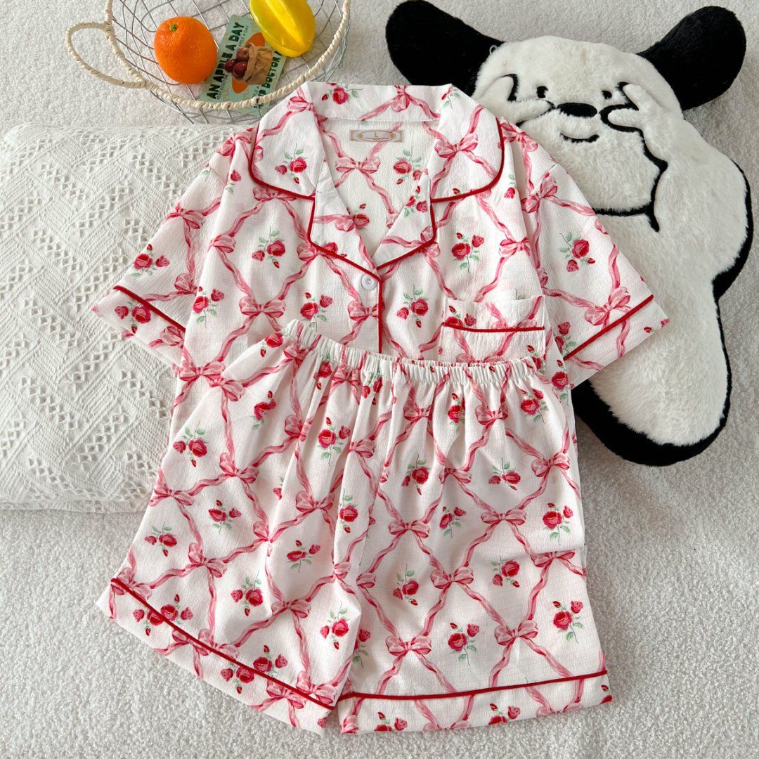 Pijamas al por mayor transfronterizos traje de verano para mujer cárdigan de solapa dulce pantalones cortos delgados de manga corta ropa de hogar de espuma para estudiantes