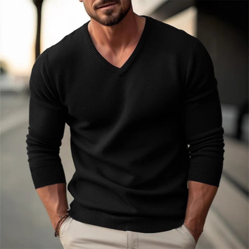Cross-border Autumn/Winter Foreign Trade Men's Knitted Sweater—V-Neck, Slim-Fit, Solid Color, Long-Sleeved Sweater for Men—Men's Pullover Base Layer Top
