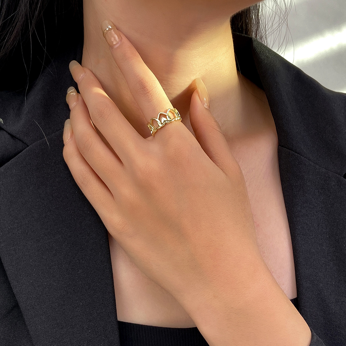 Sweet U Shape Geometric Copper Plating Artificial Rhinestones Open Ring 1 Piece