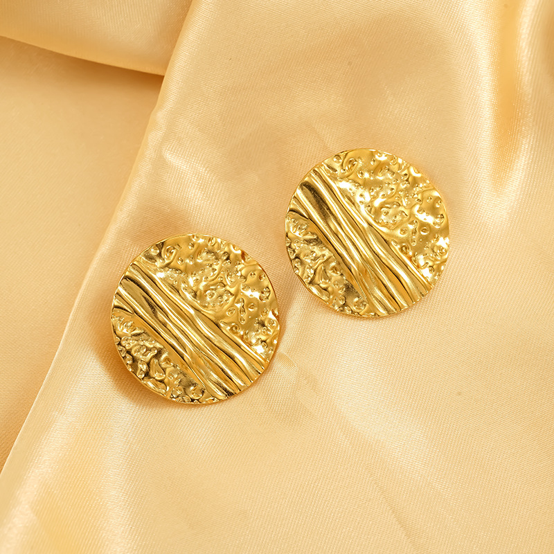 Hammered Gold Plated Stud Earrings For Women Elegant Round Style_voghion.com