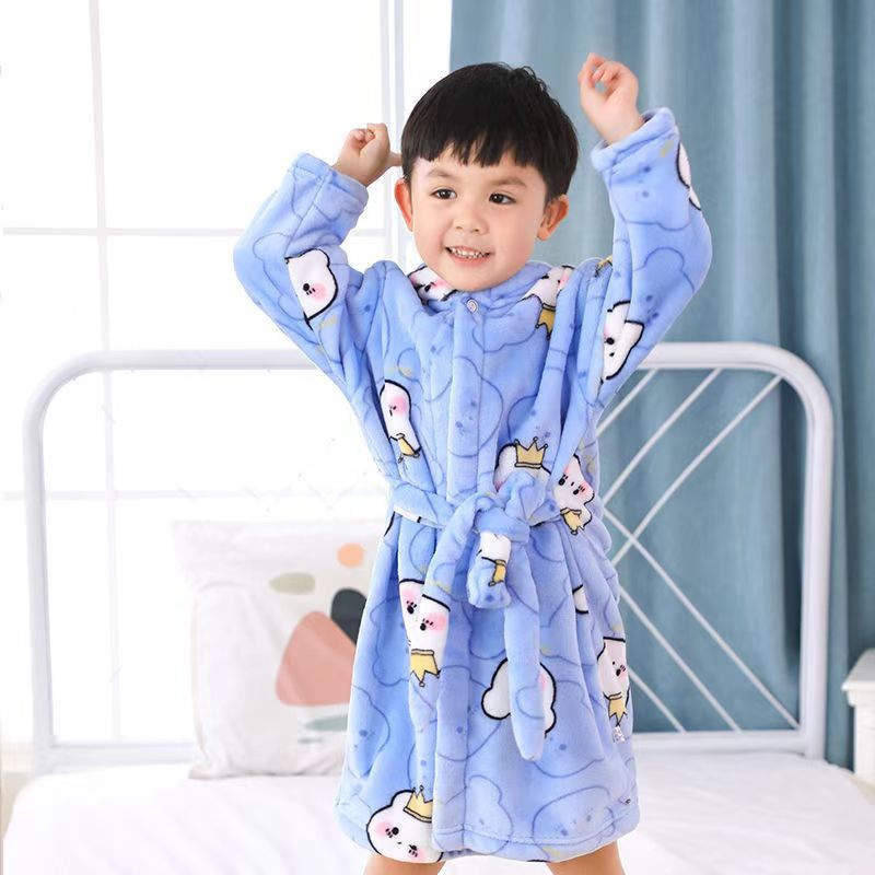 儿童睡袍睡衣春秋冬带帽家居服卡通图案法兰绒浴巾儿童中大童