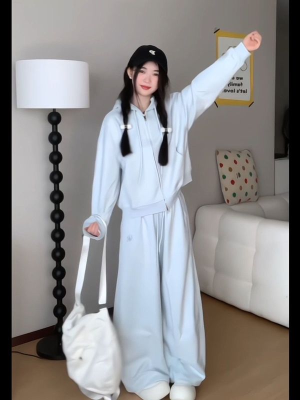 高级感休闲运动套装女秋冬季学生慵懒风连帽开衫卫衣阔腿裤两件套|undefined