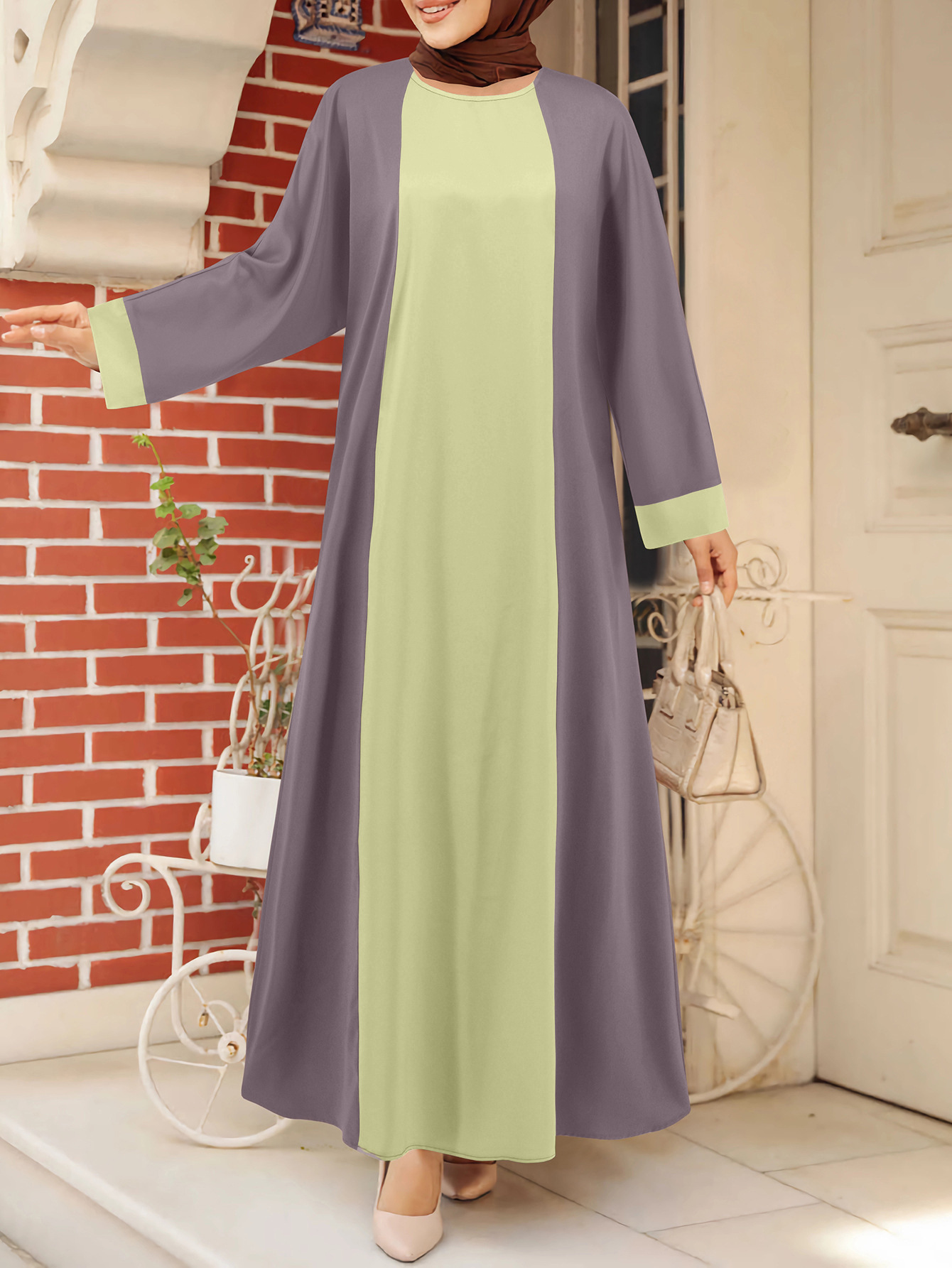 2025 Spring/Summer New Middle Eastern Arab Women's Loose Elegant Contrast Color Round Neck Robe Dress_ecoleips.com