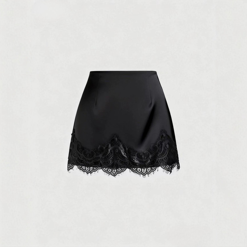 European and American Cross-Border Satin Skirt for Women, Summer High-Waisted Slimming Silky Drape Lace Patchwork Short Skirt European and American Cross-Border Satin Skirt for Women, Summer High-Waisted Slimming Silky Drape Lace Patchwork Short Skirt