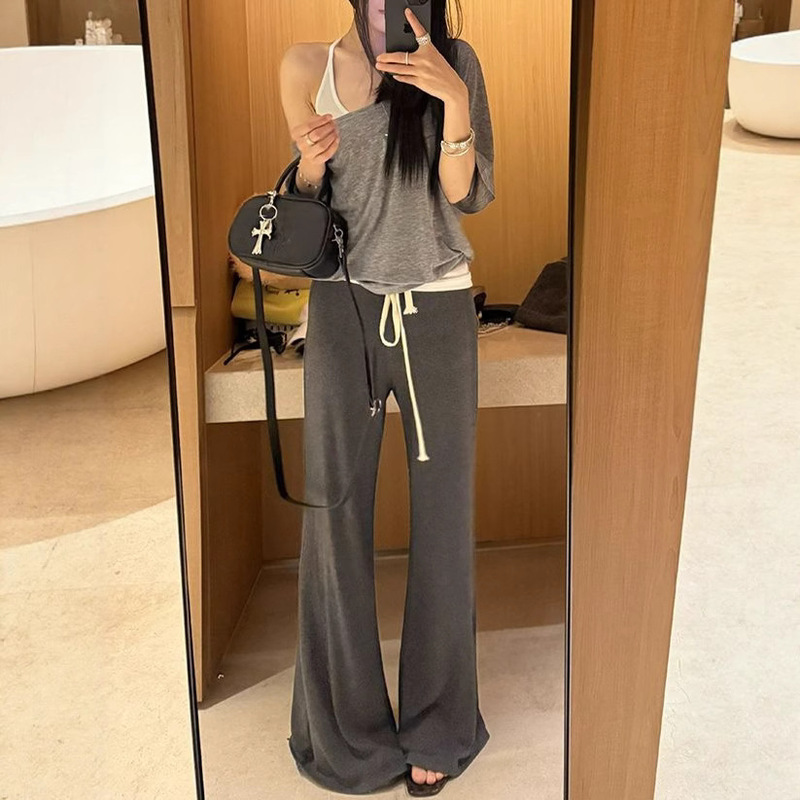 Yol Shp Gray Pure Desire Versatile Low-Waist Flared Pants for Women, Summer Thin Slimming Draped Elegant Casual Long Pants Yol Shp Gray Pure Desire Versatile Low-Waist Flared Pants for Women, Summer Thin Slimming Draped Elegant Casual Long Pants