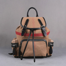 26新款春夏英伦风女士背包抖音直播黄麻帆布双肩包包配牛皮大小号