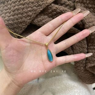 Kuning Ocean Heart ~ Non-Fading Titanium Steel Blue Water Drop Necklace Cool Feeling Accessible Luxury High-End Clavicle Chain