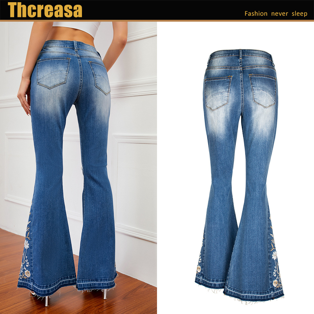 Women's Clothing three dimensional 3D embroidery women's jeans trousers flared pants_voghion.com