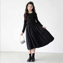 2024秋冬新款女中大童棉质连衣裙长款显瘦黑色打底童裙女童长裙