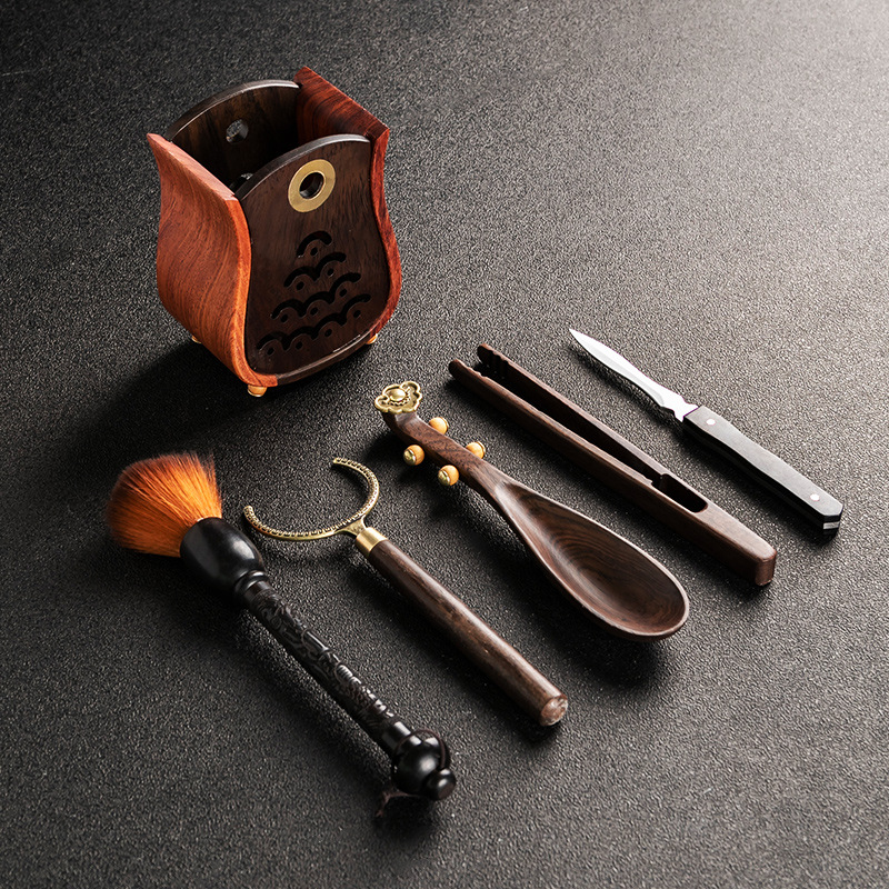 Kung Fu juego de té bandeja accesorios traje té arte té cuchara clip té ceremonia seis caballeros ébano bambú 6 caballeros té herramientas