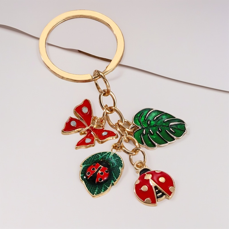 Green Leaf Butterfly Ladybug Keychain, Metal Round Pendant, Suitable for Bags and Car Key Chains