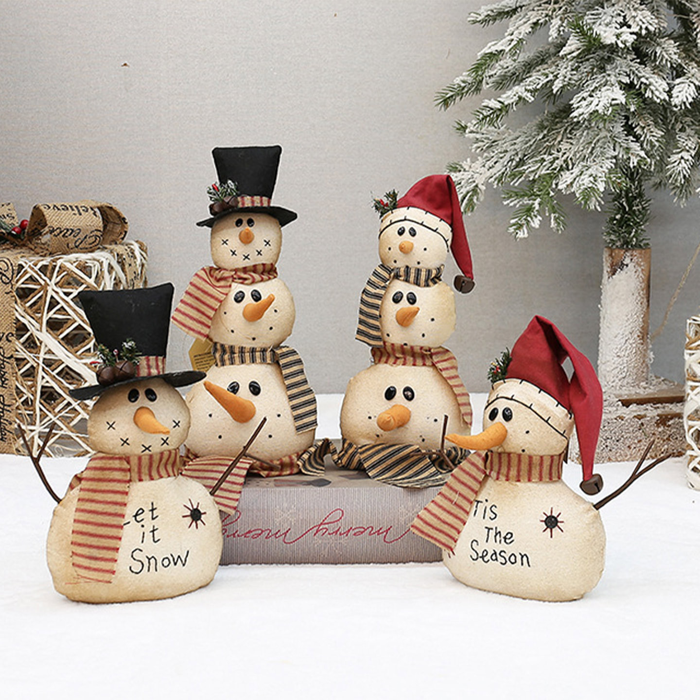 Boneco de Neve Vintage em Linho - Figuras de Natal Bordadas à Mão com Cartola e Cachecol para Decorações Natalinas Nórdicas Aconchegantes_voghion.com