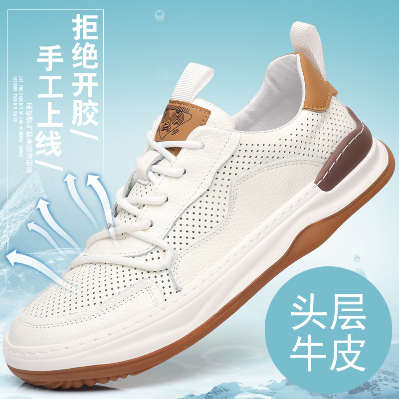 Piel de vaca de primera capa de verano nuevos hombres sandalias de cuero para hombres zapatos blancos transpirables zapatos perforados zapatos de hombre zapatos
