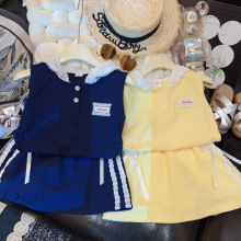 女童法式设计感拼接蕾丝无袖背心连帽上衣半身裙女童两件套500116