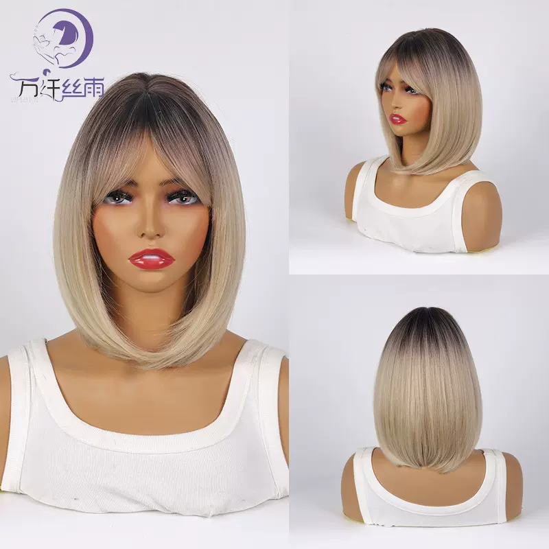 跨境欧美假发亚马逊染色渐变金色短发bobo头外贸全头套假发批发