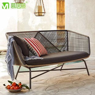 Outdoor Sofa Rattan Waterproof Sun Protection Courtyard Nordic Rattan Three-Person Coffee Table Foot Combination Balcony Leisure Rattan Y^