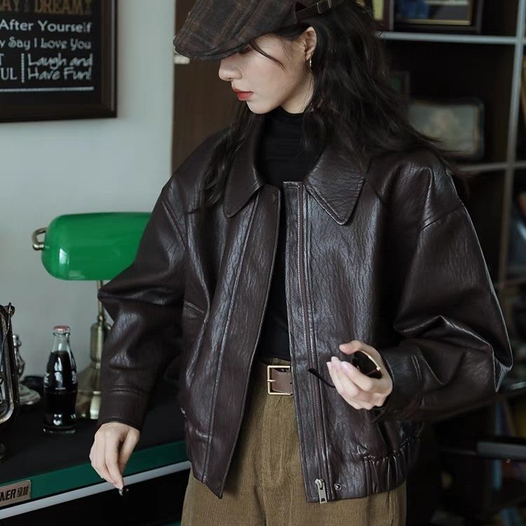 Brown Leather Quilted Jacket for Women 2025 Autumn and Winter New Style Petite Hong Kong Style Retro Leather Jacket Maillard Motorcycle