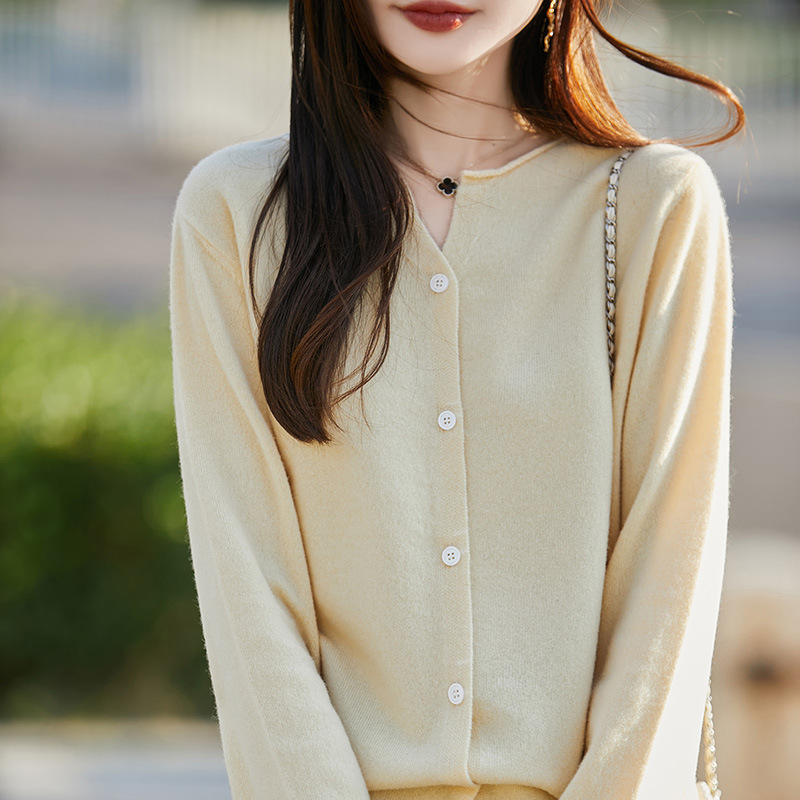 25 Years Autumn and Winter New Pure Wool V Neck Knitted Cardigan Long-Sleeved Women's Pure Color Curled Loose Versatile Top Jacket