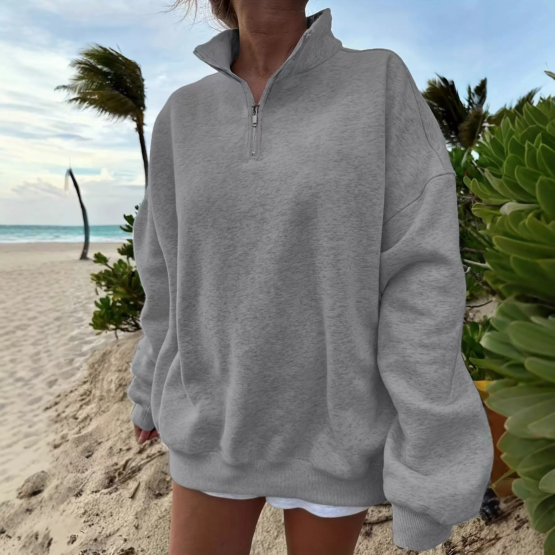 跨境爆款外贸卫衣现货欧美亚马逊户外休闲宽松长袖卫衣半拉链女士