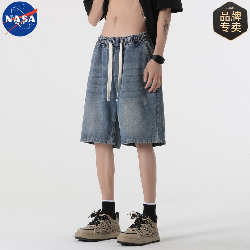 NASA Brand American Washed Denim Shorts for Boys Summer Vibe High Street Straight-Leg Sports Pants