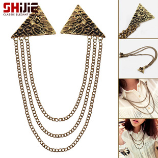 Personalized and Stylish Retro Geometric Triangle Carved Pendant Multi-Layered Tassel Collar Brooch Badge Corsage Accessory