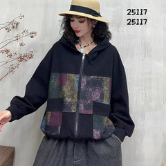 秋季新品复古印花连帽牛仔外套休闲宽松显瘦外套