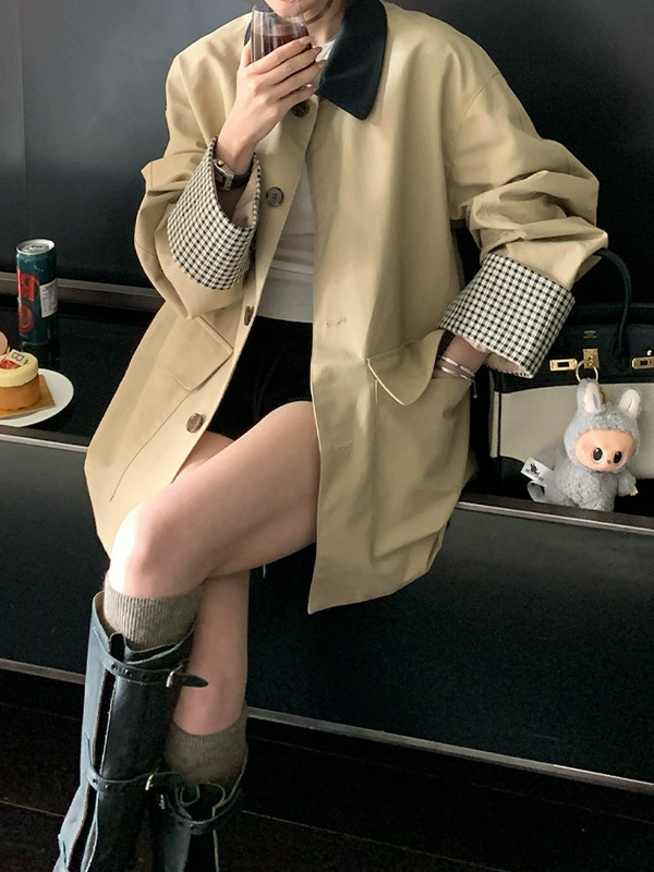 槿一 高智巴恩风 卡其色风衣撞色格纹拼接短款宽松外套女秋慵懒风|undefined