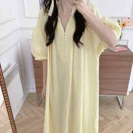 韩国ins女士夏季韩版网红条纹睡裙双层纱轻薄透气短袖家居服睡裙
