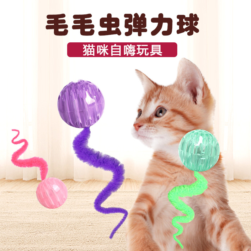 Gato rebotando oruga bola de mascota que muerde sin romperse