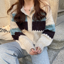 韓版chic溫柔風針織開衫外套女bm風短款外穿拼接條紋復古毛衣外穿