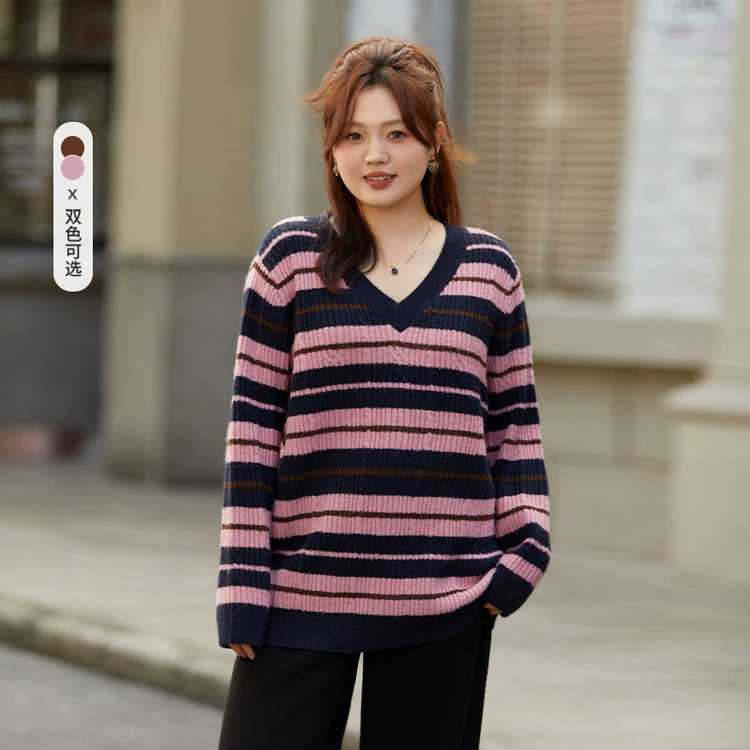 Тонкий шоу плюс размер женский ленивый свитер с V-образным вырезом Классический Полосатый Свободный Топ толстый mm2024 ВЕСНА Новинка