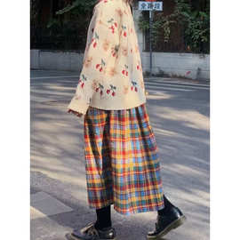 日系秋冬小个子彩色格纹毛呢半身裙百褶裙中长款复古