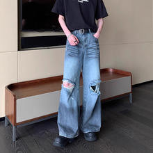 韩版复古水洗做旧脏染大破洞直筒牛仔裤秋季 街头潮流长裤子男款.