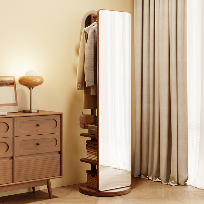 Espejo de cuerpo entero de madera sólida, espejo de piso, dormitorio doméstico, espejo de prueba móvil giratorio con percha de ropa, espejo de ropa integral