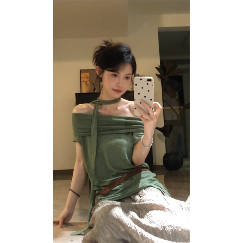 美式通勤简约斜肩多穿法绑带上衣夏季新款高腰慵懒半身裙两件套装|undefined