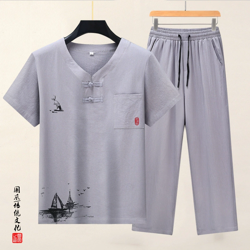 Летний костюм для папы, мужской костюм из хлопка и льна для среднего возраста, свободный мужской костюм с короткими рукавами, мужская одежда для пожилых людей, летняя одежда для дедушки
