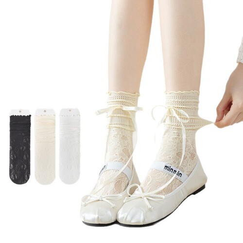 Pure and alluring ballet-style girl's lace socks, calf-length with ribbon bow and cut-out design, breathable white mesh puffy socks.