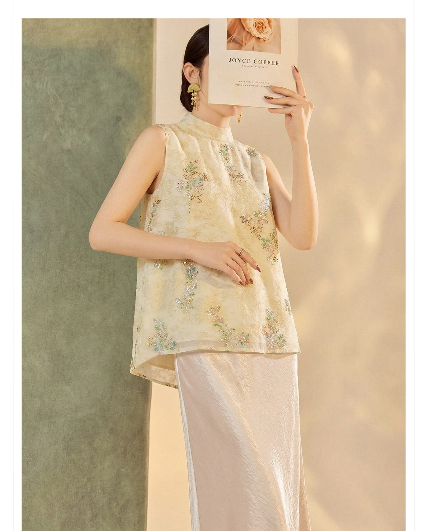 Bộ áo vest không tay lưới thêu đính cườm phong cách Tân Trung Hoa kèm chân váy nửa kín ZX P0337 — bộ đồ, Champagne màu nửa váy, Áo khoác màu mơ chi tiết 5