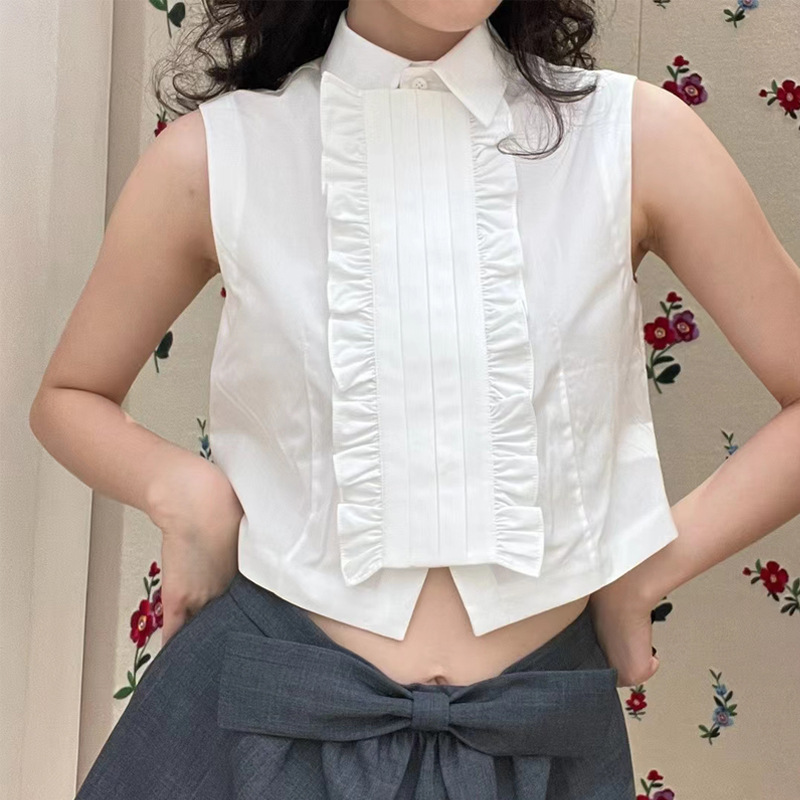 [in Stock] Layered Versatile Solid Color T-Shirt Fashionable Short Sleeveless Ruffle Shirt Aw51505