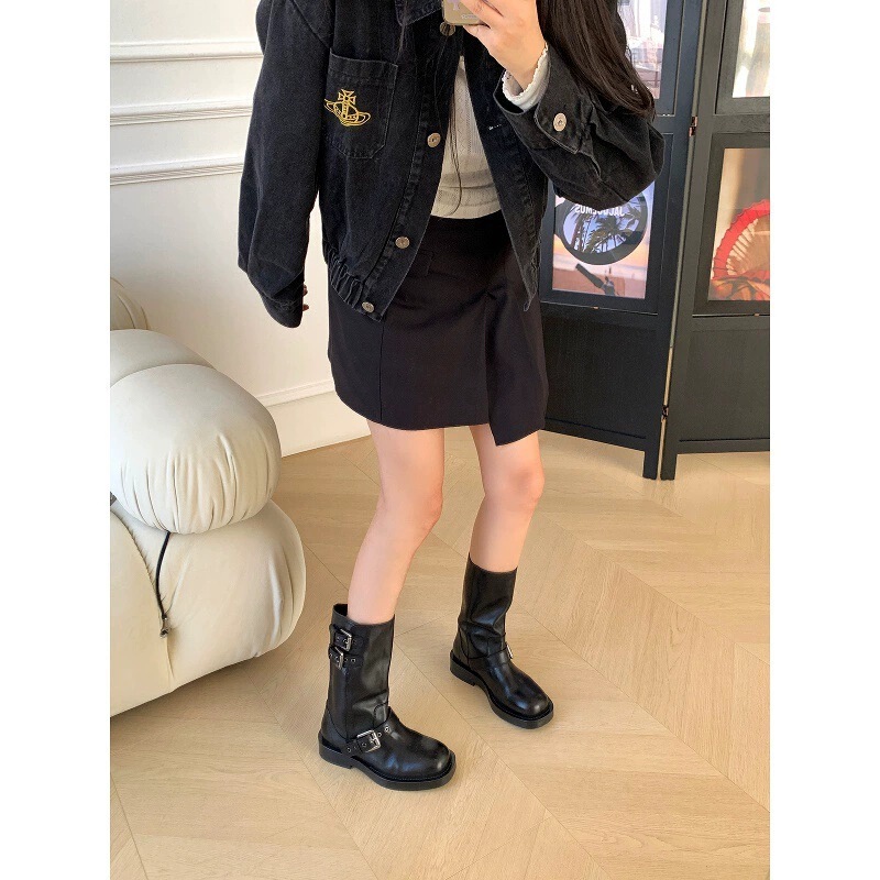 牛皮版水洗皮烟筒靴子显瘦搭扣短靴女增高厚底瘦瘦靴春秋骑士靴女|undefined