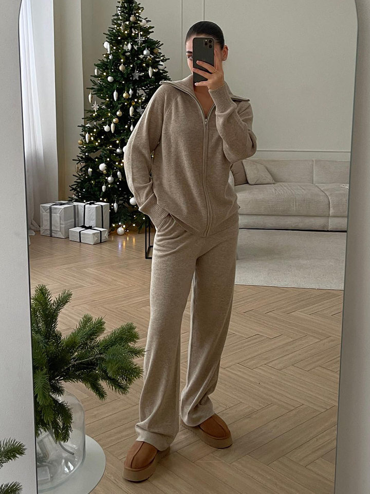 Bộ áo cardigan dệt kim khóa kéo phối quần dài ống rộng nữ — màu bột yến mạch, màu nâu, màu xám, trắng chi tiết 61