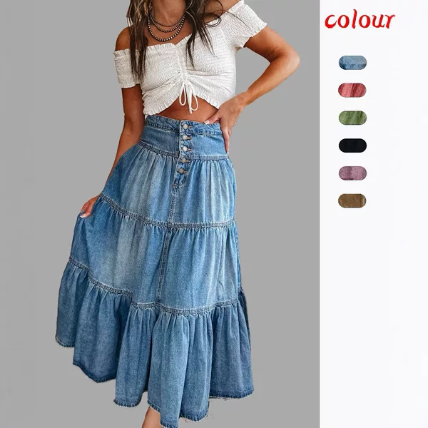 25-Year-Old European and American Cross-Border Amazon New Product Bohemian A-Line Layered Cake Denim Skirt 8922