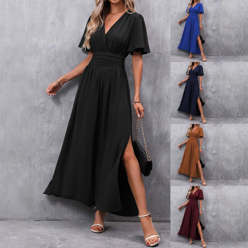 Elegant Flying Sleeve Back Waist High Split dress Long Women's Wear Elegant Flying Sleeve Back Waist High Split dress Long Women's Wear